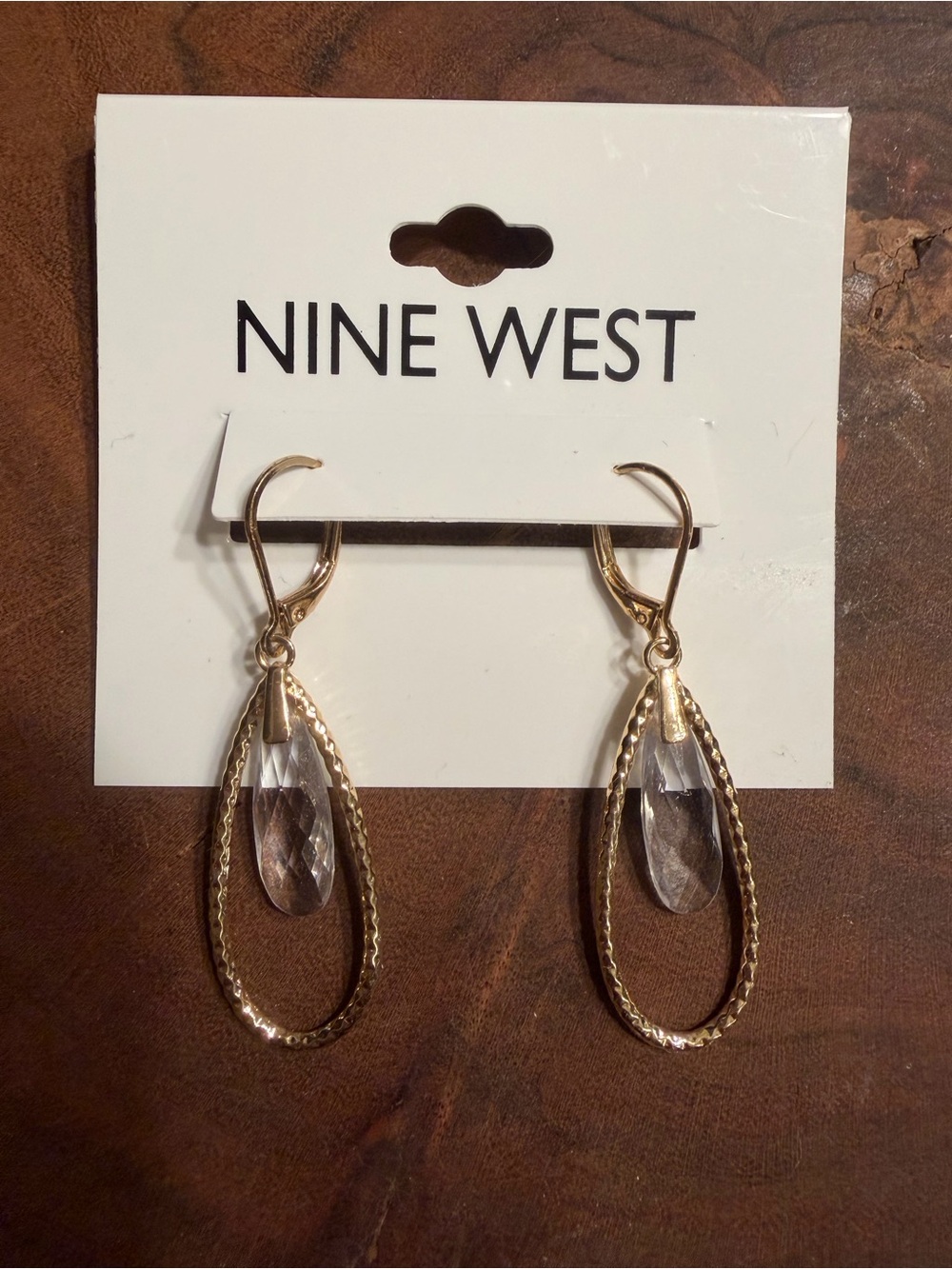 Nine West Gold Teardrop Earrings with Clear Crystal Drops